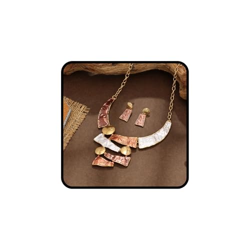 JWIGP Boho Geometric Statement Jewelry Set for Women, Blue Enamel Chunky Gold Necklace Earrings Retro Vintage Layered Chunky Collar Fashion Jewelry Gifts (Brown set)