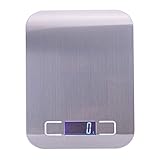 Esta es una báscula de cocina digital ultradelgada con una elegante superficie de pesaje de acero inoxidable.
