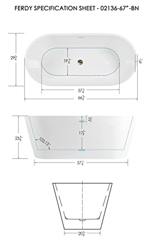 Ferdy 67" Shangri-La Elite, Acrylic Freestanding Bathtub, Modern & Contemporary Design Soaking Tub With Brushed Nickel Pop-Up Drain And Minimalist Design Overflow, Glossy White, Cupc Certified #TOP4