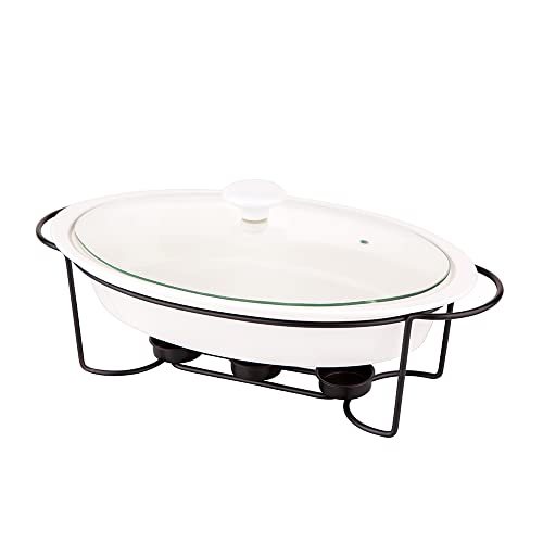 Pullmer Auflaufgeschirr 1,4 l mit Speisewärmer und Deckel, Geschirrwärmer mit Platz für 3 Teelichter, Wärmebehälter für Speisen aus New Bone Chine Porzellan (Weiß/Schwarz/1,4 L)