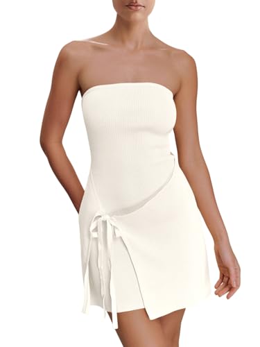 Image of Wenrine Womens Sexy Tube Top Dress Strapless Self Tie Wrap Asymmetrical Hem Knit Summer Party Mini Dresses