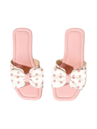 Verdusa Girl's Polka Dots Bow Flat Sandal Square Open Toe Slide Sandals