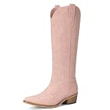 Rivalran Pink Cowboy Boots for Women - Wide Calf Knee High Pointed Toe Chunky Heel Pull On Zipper Western Cowgirl Boots, Retro Country Vintage Fashion Tall Boots US Size 8