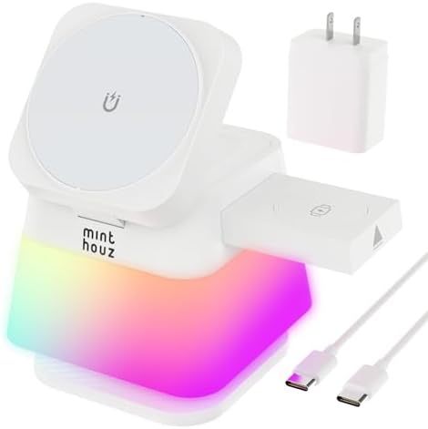 Minthouz 3 in 1 Charging Station for iPhone, Wireless Charger for Apple, MagSafe Charger with Night Light, 360° Rotation, Compatible with iPhone 16, 15, 14, 13, 12 Pro, Apple Watch & AirPods Pro 4/3/2