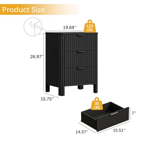 Image of Wodeer 3 Drawer Black Dresser for Bedroom, 20 inch W Wood Storage Cabinet with Fluted Design, Modern Chest of Drawers for Living Room, Nursery Clothing Organizer with Metal Slides, Anti-Tipping