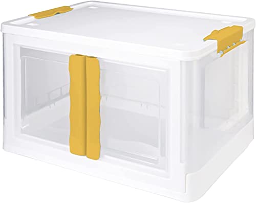 [セット] Rocotto 収納ボックス 前開き ふた付き コンテナ 収納ケース プラスチック 衣装ケース キャスター付き 折りたたみ 収納 衣替え 大容量 おしゃれ 積み重ね 中身が見える 頑丈 半透明 蓋付き コンテナボックス (2個, イエロー)