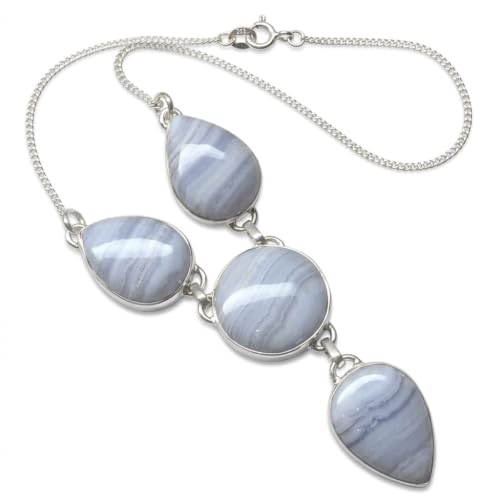 Natural Blue Lace Agate 925 Sterling Silver Necklace 17 1/2' Long