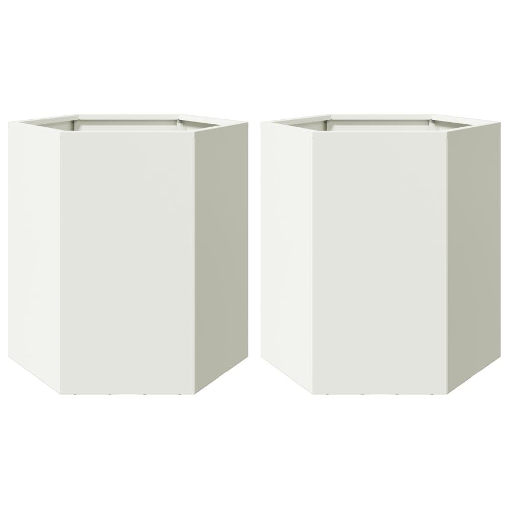 Jardineras de jardín de 2 piezas hexagonales de acero blanco 46 x 40 x 45 cm, jardineras elevadas sin fondo para plantas, huerto y hierbas aromáticas, diseño abierto para drenaje y crecimiento