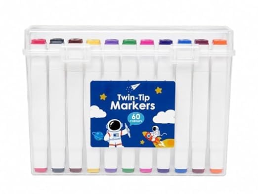 Image of Twin-Tip Marker Pens Set | Dual Tip Art Markers with Fine & Broad Nibs | Assorted Color Sketch Pens with Storage Case for Drawing, Coloring, School Projects, Kids & Adults (Pack Of 60)