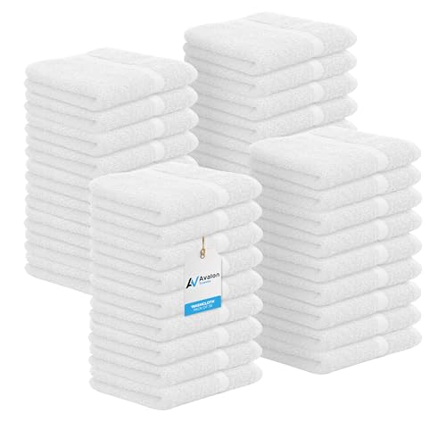 Avalon Towels Cotton Washcloths – (Pack of 36) Size 12x12 Inches, 100% Ring Spun Cotton, Absorbent, Soft Face Towels, Gym Towels, Hotel and Spa Quality, Reusable Fingertip Towels (White)