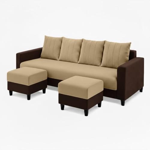 Image of Strikon Plush 6 Seater L Shape Sofa Set with 2 Movable Ottoman | Flexible Layout |Silken Velvet Suede | Designer Sofa for Living Rooms & Office Spaces (Beige & Dark Brown)