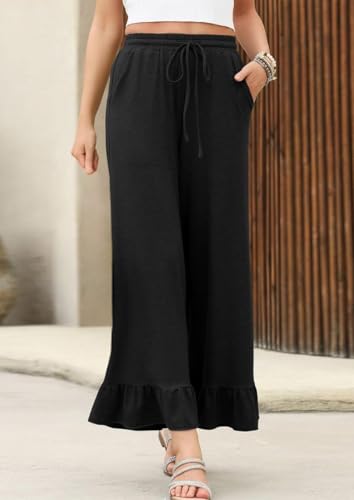 Womens Wide Leg Pants Drawstring Elastic High Waist Ruffle Hem Palazzo Pants Casual Beach Trousers with Pockets3