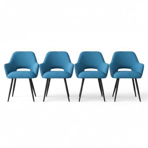 Image of Finch Fox Motel Luxurious Home Collection Upholstery Fabric Arm Dining Room Chairs in Blue Color with Black Metal Powder Coated Legs (Set of 4)
