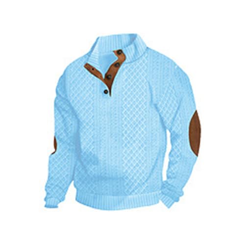 Generisch Maglione a forma di croce e corona, maglione da uomo con motivo a treccia, colletto alto classico, toppe per gomiti, colletto alto casual, bottone, blu cielo, 3XL