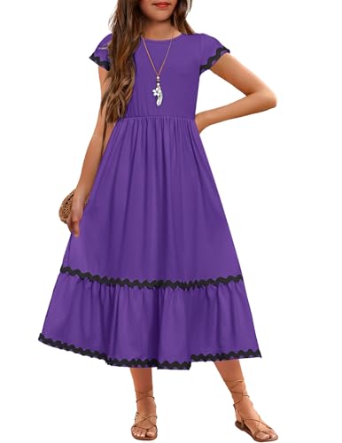 Arshiner Girls Summer Maxi Dresses Short Sleeve Casual Flowy Tiered Dress with Pockets for 4-14 Years