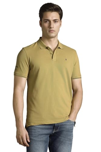 Image of Louis Philippe Men's Slim Fit Single-Tuck Pique Stylized Sleeve Print and Contrast Tipping Half Sleeve Solid Polo Tshirt