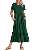 ANRABESS Womens 2026 Summer Casual Maxi Dress A line Tiered Flowy Short Sleeve Crewneck T Shirt Beach Travel Long Dresses Large Deep Green
