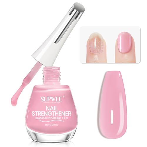 SUPWEE Nail Strengthener, 16ml Nails Growth Treatment Weak & Thin Nail Hardener Extra Strong and Growth Air Dry Strengthening Polish for Manicure Care Treatment, Cherry Blossom Jelly Pink
