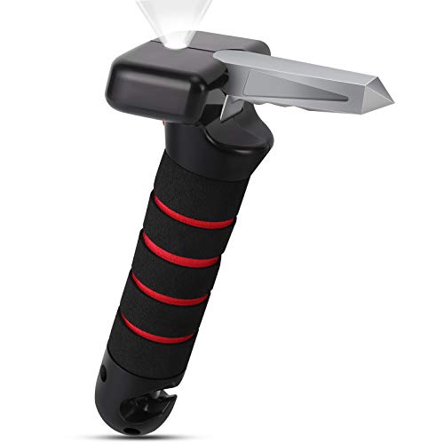tunfo Auto Door Support Handle with Escape Tools, Portable 5 in 1 Car Assist Grab Handle Vehicle Cane Grab Bar with LED Flashlight Seatbelt Cutter Window Breaker for Car(Red)