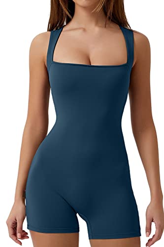 QINSEN Women's Sleeveless Square Neck Short Romper Soft Breathable Athletic Bodysuit for Gym Casual Wear Navy L