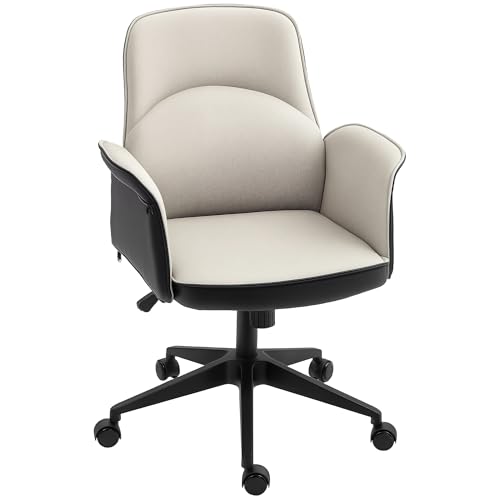 HOMCOM Silla de Oficina Basculante Silla de Escritorio Giratoria Tapizada en PU y Lino Altura Ajustable Reposabrazos Silla de Estudio Carga 120 kg Beige y Negro