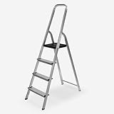 Escalera Plegable de Aluminio, 4 Peldaños, 156 cm de Altura Total, con Barandilla Superior, Pies Antideslizantes, Plataforma de Apoyo, para Uso Doméstico, Peldaños Antideslizantes