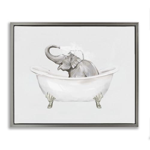 'Happy Elephant Splashing Bathtub'| Floating Frame Canvas Art