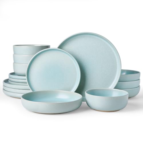 Image of Famiware Milkyway 16-Piece Stoneware Plates and Bowls, Light Blue | Dinnerware Set with Pasta Bowls for 4, Reactive Glaze Dish Set, Microwave & Dishwasher Safe, Chip & Scratch Resistant