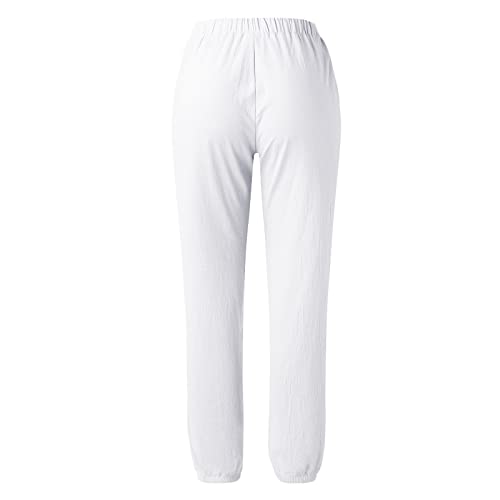Calça feminina de linho liso, casual, larga, elástica, cintura larga, pernas largas com bolsos, calç