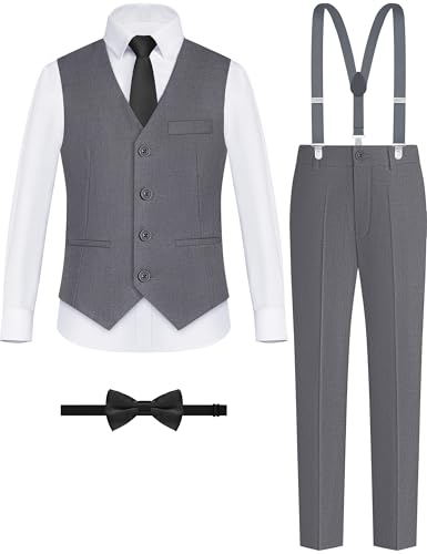Image of Boys Suit Vest Set 4 Pieces Slim Fit Kids Dark Gray Formal Vest and Pants Set for Wedding Ring Bearer, Easter, First Communion, Confirmation, Graduation Teen Boys Size 14