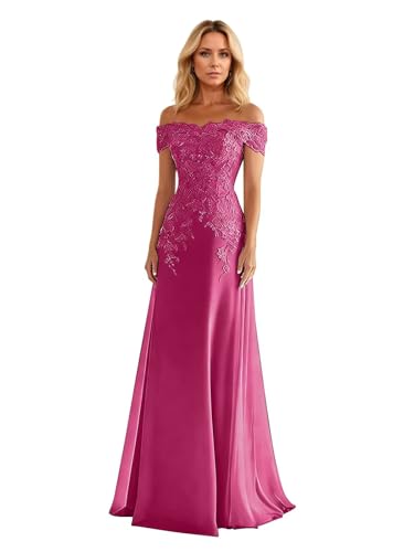 RYANTH Chiffon Fuchsia Long Mother of The Bride Dresses for Wedding Off Shoulder Lace Applique...