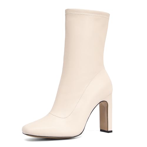 Women's Classic Square Toe Heeled Boots - Side Zipper Vegan Leather Booties with Non-Slip Rubber Sole for Office & Winter