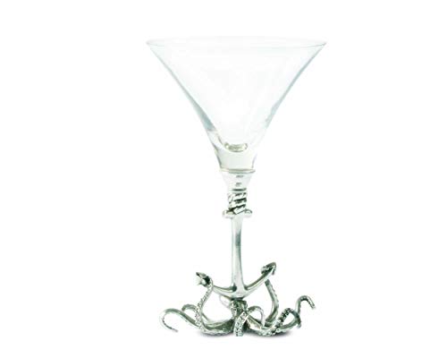 Vagabond House Pewter Octopus Stem Martini Cocktail Cosmopolitan Glass Coastal Ocean Pattern 7.75 Inch Tall 10 Oz #TOP23