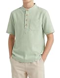 Spring&Gege Jungen Leinen Henley Hemd Kurzarm Sommerhemd Einfarbig Shirt Regular Fit Casual Urlaubshemd im Ferienstil(Grün,7-8 Jahre)