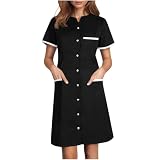 Women's Button Front Nurse Dress Short Sleeve Uniform with Pockets Lightweight Scrubs Workwear Spa Salons Staff