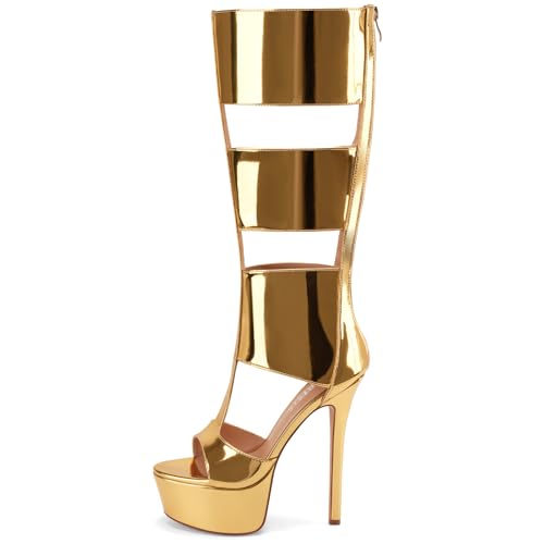 Platform Knee High Gladiator Sandals for Women Peep Toe Stiletto High Heels by Perisis - Used condition - Image 3