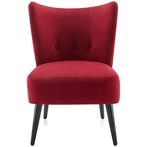 Belleze Modern Velvet Accent Chair, Wingback Small Upholstered Reading Chair With Solid Wood Legs, Comfy Tufted Button Armless Corner Chair For Living Room, Bedroom - Sheila (Red) #TOP7