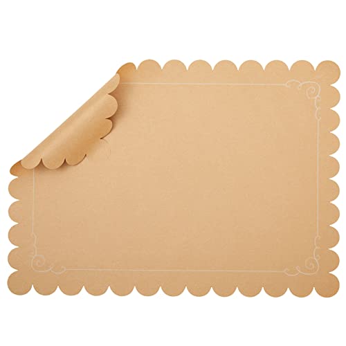 100 Pack Disposable Scalloped Kraft Paper Placemats for Dining Table, Wedding, Party (Brown, 25.4x35.6 cm)