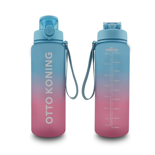 Otto Koning Botella Agua 1L Botella deportiva de Plástico Sin BPA. Hermética. Garrafa Agua con Cepillo de Limpieza, Boca Ancha, Correa Resistente Ideal para Deportes, Oficina, Bicicleta Reutilizable