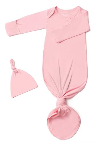 Image of Newborn Baby Knotted Gown, Super Soft Silky Infant Long Sleeve Sleeper for Baby Girl and Boy Sleeping Bag with Hat (Sweet Pink, Newborn)