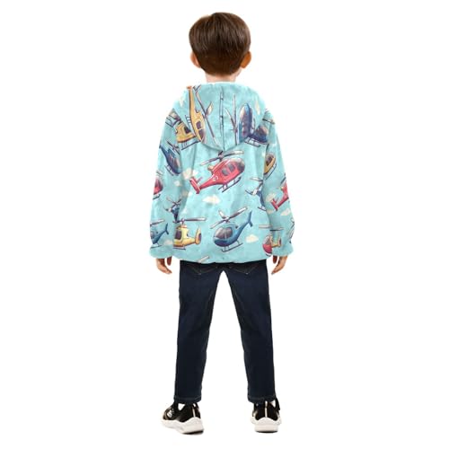 Helicopter Pattern Print Toddler Fleece Jacket Girl Boys Hooded Fleece Jacket Coat Warm Outwear Zip-up 3-10T4