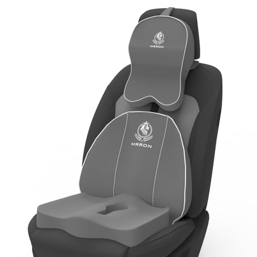 Image of MRRON Memory Foam Car Seat Cushion Combo - Backrest, Coccyx Cushion & Neckrest - Orthopedic Support for Back, Tailbone, Sciatica & Neck Pain - Ergonomic Comfort for Car, Office. (Grey, Spine Support)