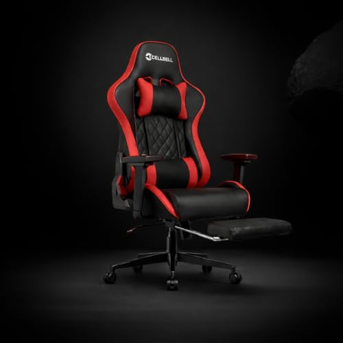 Image of CELLBELL Shadow FT Ergonomic Gaming Chair with Footrest Premium PU Leather 4D Armrests 180 Degree Recline Class 4 Hydraulic Tilt Lock Diamond Design Heavy Duty Base 60mm Wheels (Red)