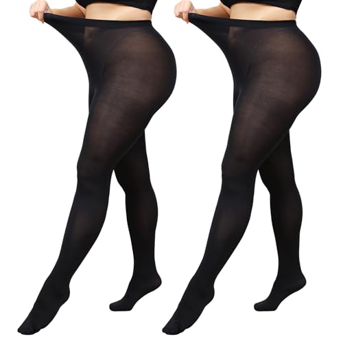 beister Plus Size Women Tights, 2 Pairs 70D Opaque High Waist Pantyhose, Solid Color Soft Stockings