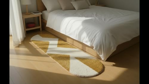 Image of Fluffy Silky Micro Fiber Polyster Carpet /Runner for Bedroom, Study Room, Playing Room, Guest Room ETC. 1.5x4 Feet, (Gold and Ivory Chevron Pattern)