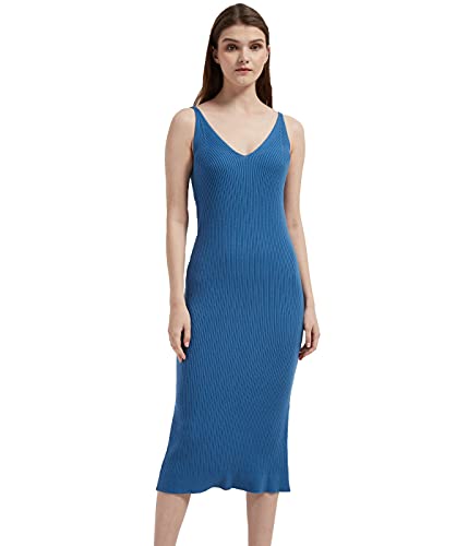Image of Women's Sleeveless Sweater Dress Knit Slim V Neck Bodycon Midi Stretchable Elasticity Slim Fits