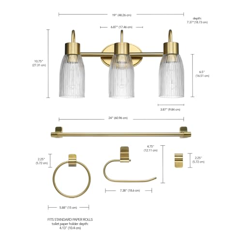 Image of Globe Electric 5-Piece All-in-One Matte Brass Bathroom Accessory Set with 19 inch 3-Light Vanity Light and Ribbed Glass Shades