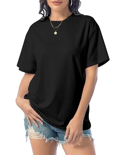 DUOEASE Tshirt Femme Été Basiques Decontracte Oversize Chemise Femme Manches Courtes Col Rond Couleur Unie Top (Noir XL)