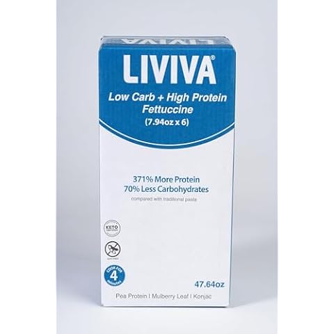 LIVIVA Low Carb High Protein KETO Value Pack Fettuccine Noodle Pasta 6 Pk – 135 g Protein per Box with Pea Protein & Konjac Flour - 8g Net Carbs, Diabetic-Friendly - Ready to Eat in 3 – 4 mins - Healthy Al Dente Pasta Cover