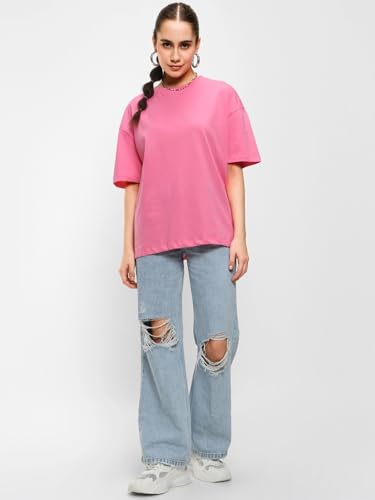 Image of Bewakoof Women's Solid Oversized Fit Half Sleeve Round Neck Cotton Jersey T-Shirt